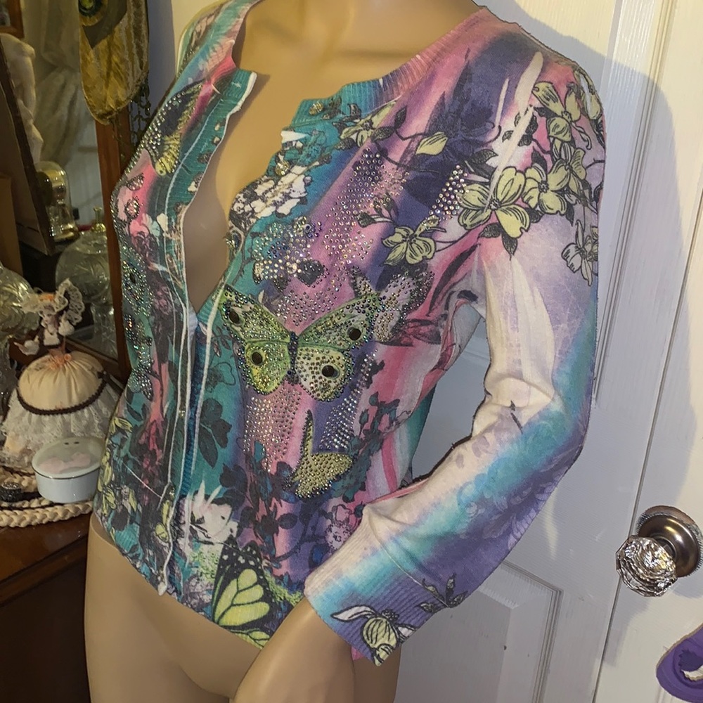 pastel blue pink sparkling butterflies cardigan sweater M